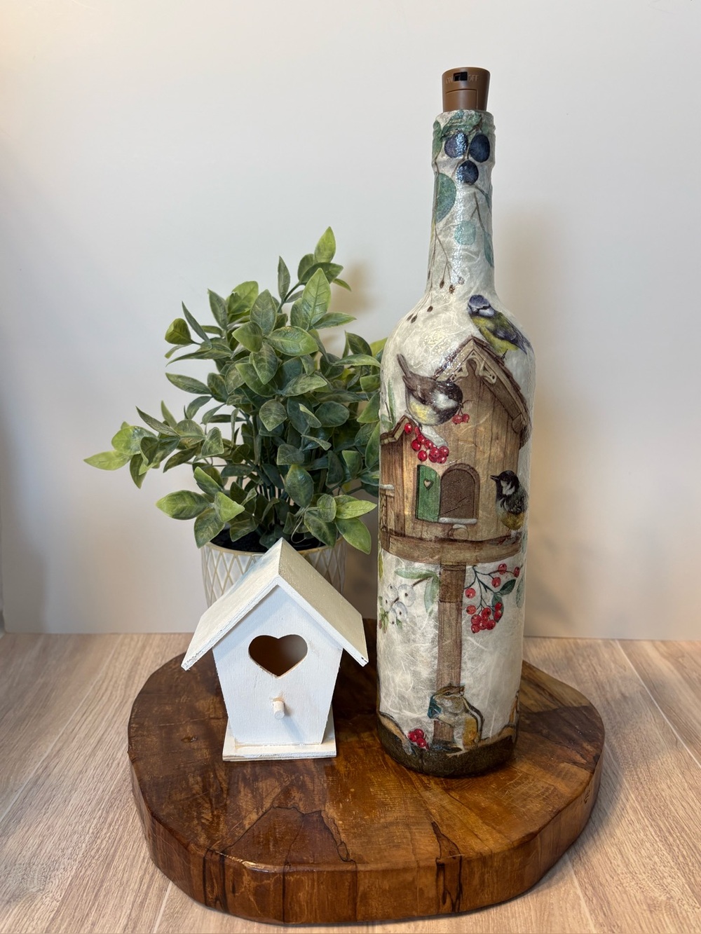 Decorated Bottles, Birds and Chipmunks, Decoupaged Bottle, Home Decor, Gifts